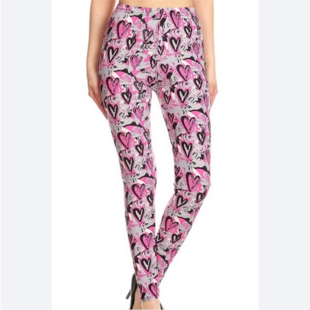 Leggings Depot Pink Graffiti Heart Patterned Soft Stretch Leggings‎